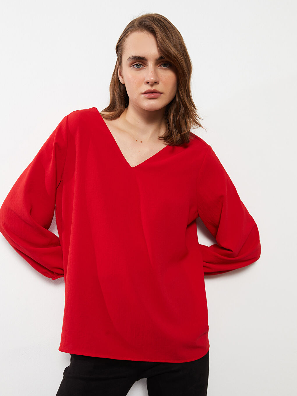 V-Neck Plain Long Sleeve Women's Blouse-3