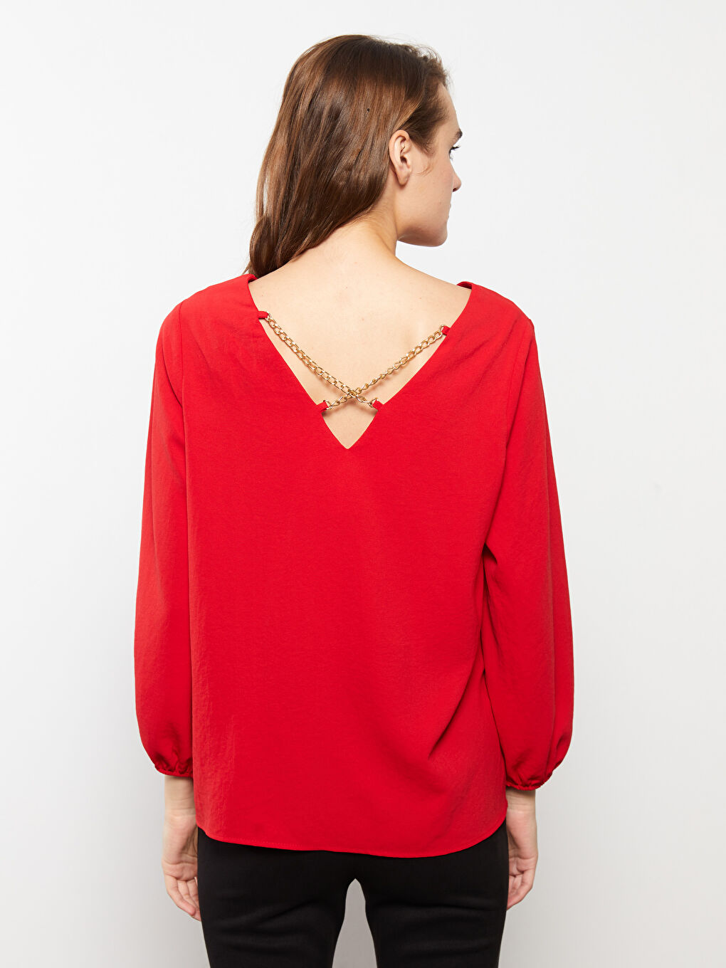 V-Neck Plain Long Sleeve Women's Blouse-6