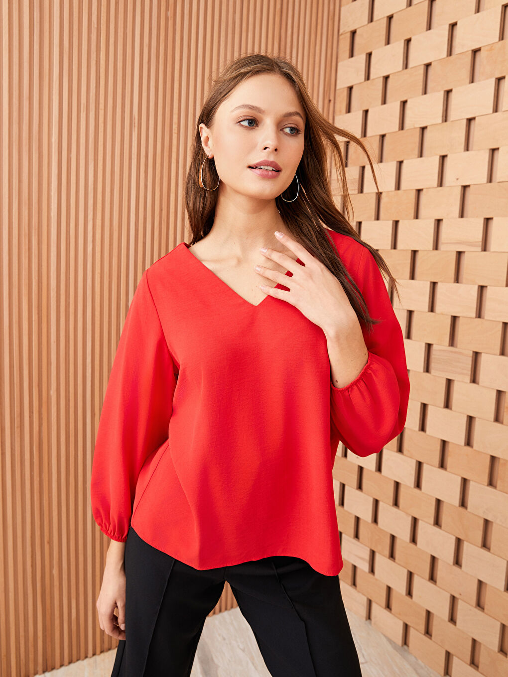 V-Neck Plain Long Sleeve Women's Blouse