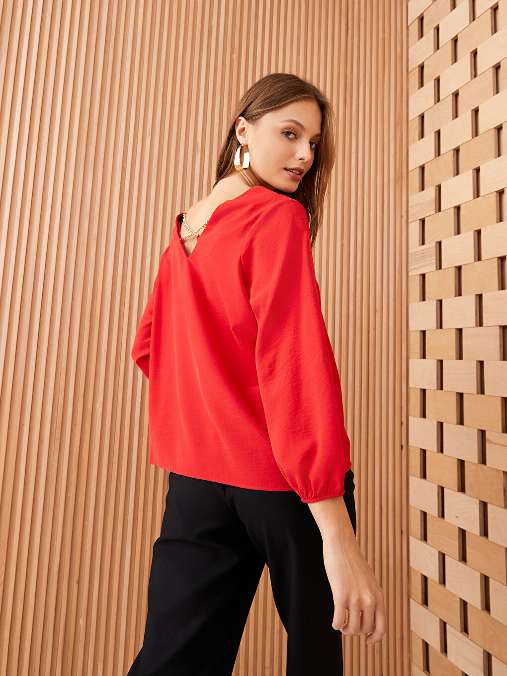 V-Neck Plain Long Sleeve Women's Blouse-1