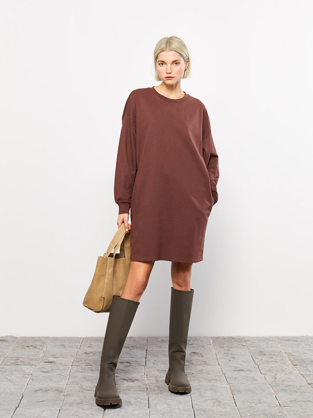 LCW Vision Crew Neck Printed Oversize Women's Sweat Dress -W2FS25Z8-HGT
