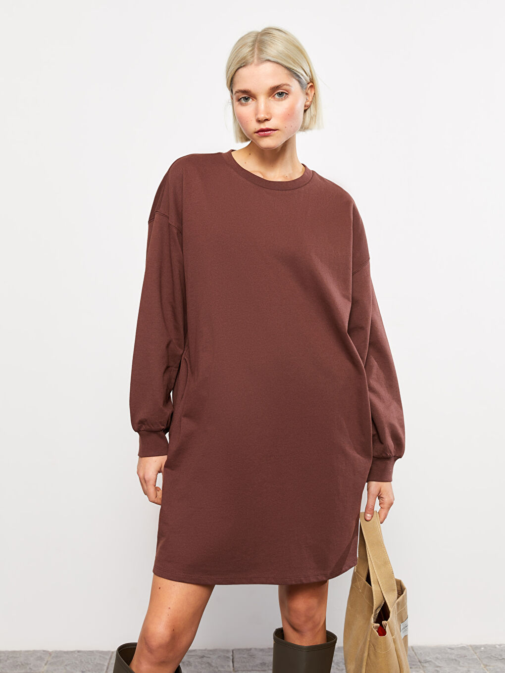 LCW Vision Crew Neck Printed Oversize Women's Sweat Dress -W2FS25Z8-HGT