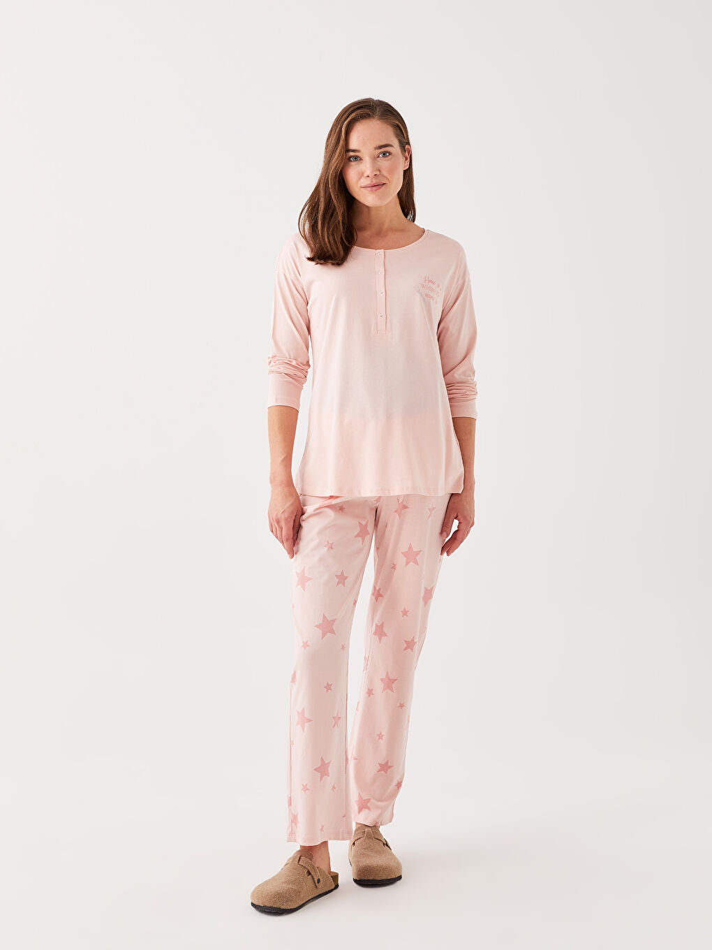 Pembe Bisiklet Yaka Baskılı Uzun Kollu Hamile Pijama Takımı-1