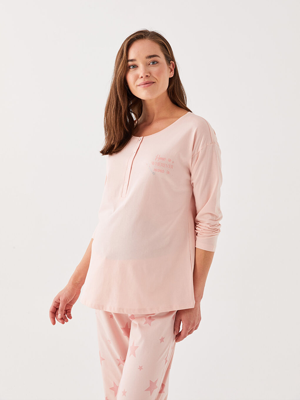 Pembe Bisiklet Yaka Baskılı Uzun Kollu Hamile Pijama Takımı-2