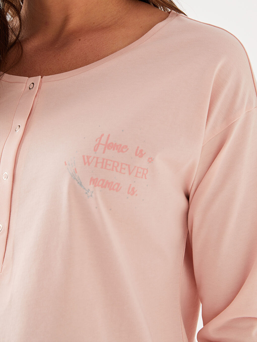 Pembe Bisiklet Yaka Baskılı Uzun Kollu Hamile Pijama Takımı-3