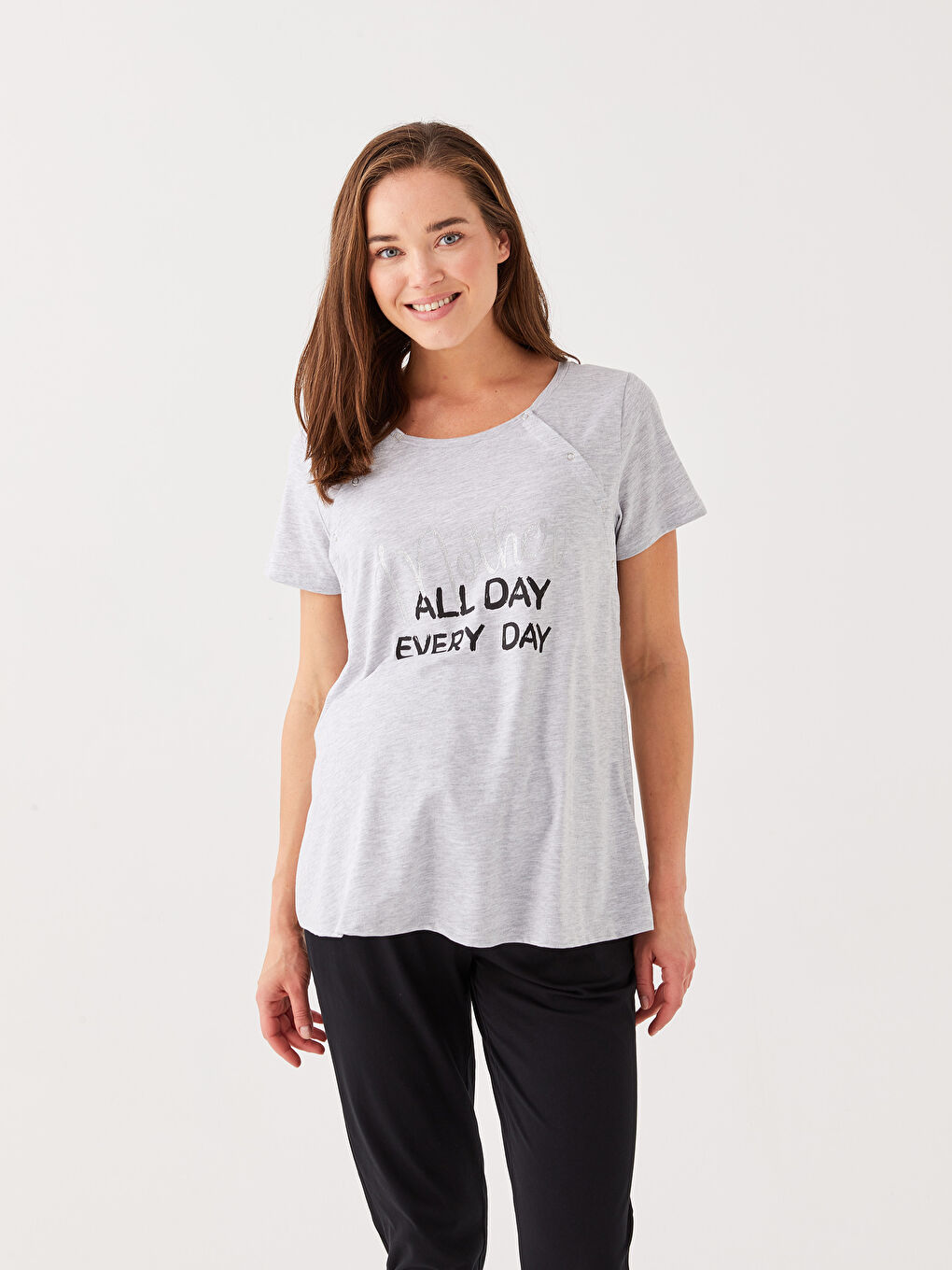 Siyah Bisiklet Yaka Baskılı Kısa Kollu Hamile Pijama Takımı-1