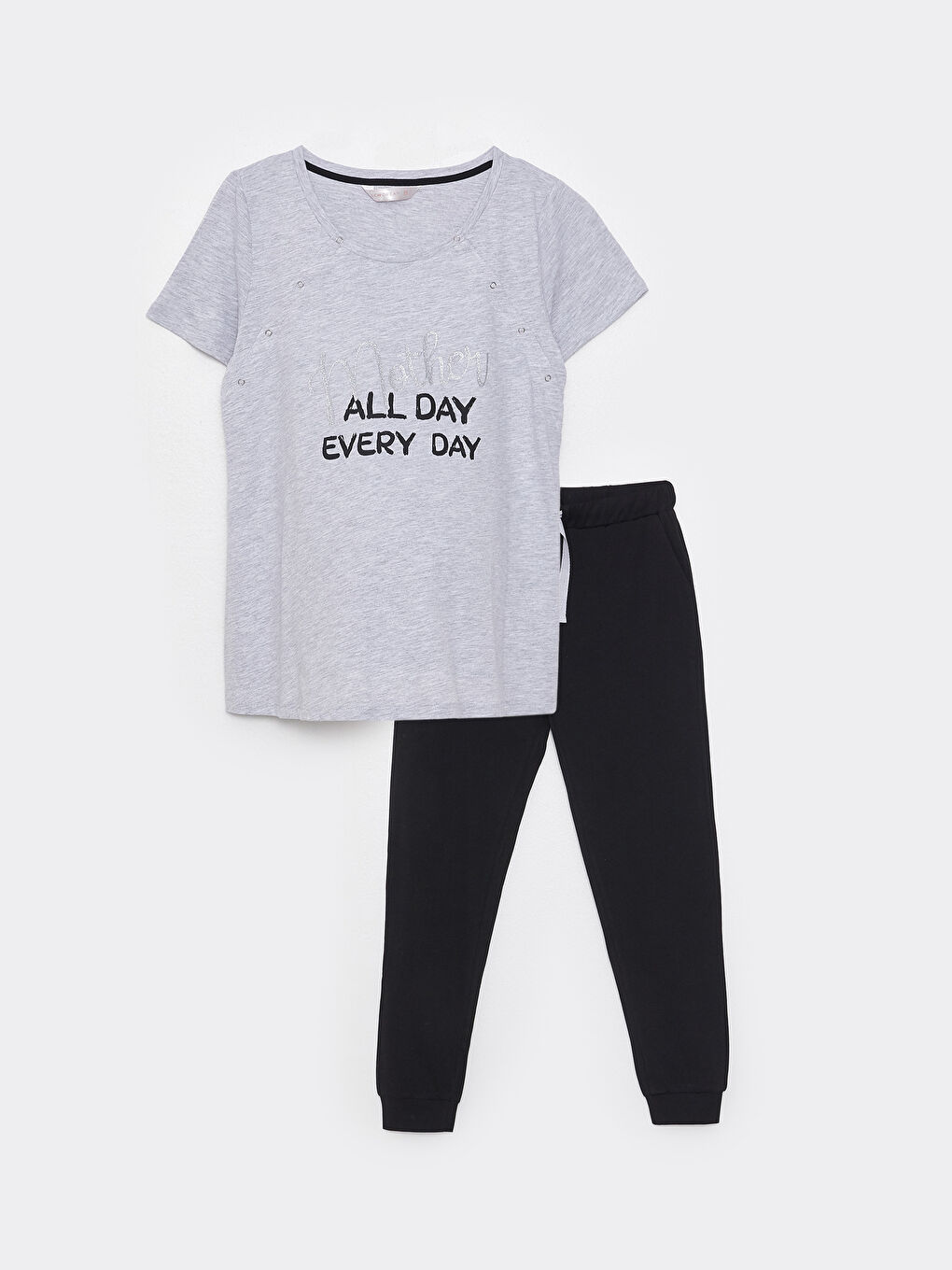 Siyah Bisiklet Yaka Baskılı Kısa Kollu Hamile Pijama Takımı-4