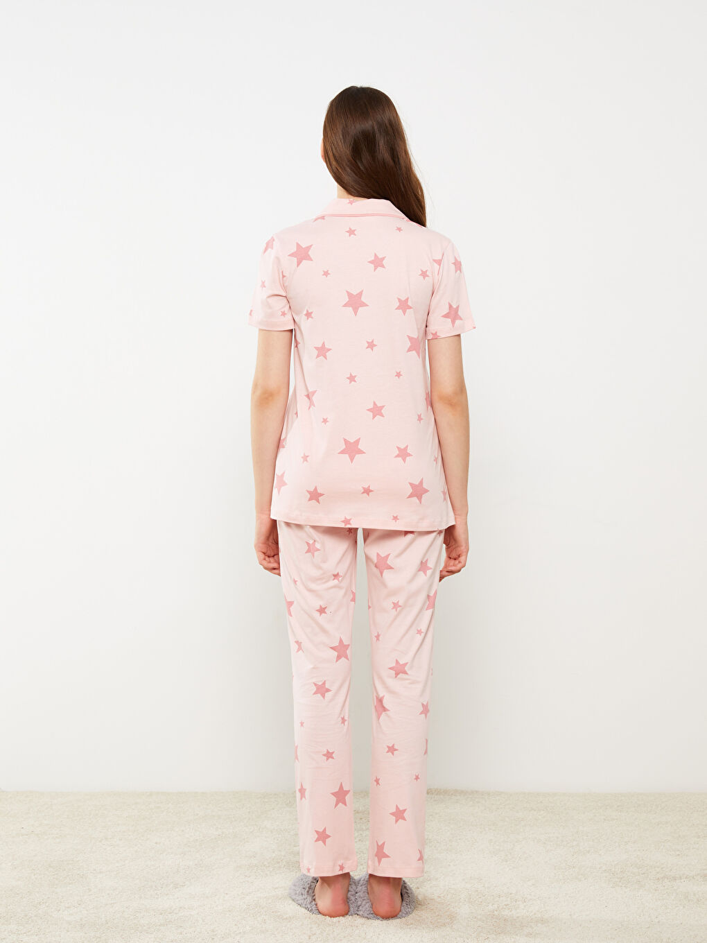 Pembe Gömlek Yaka Desenli Kısa Kollu Kadın Pijama Takımı-4