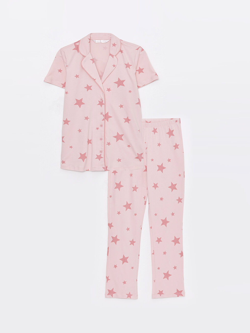 Pembe Gömlek Yaka Desenli Kısa Kollu Kadın Pijama Takımı-5