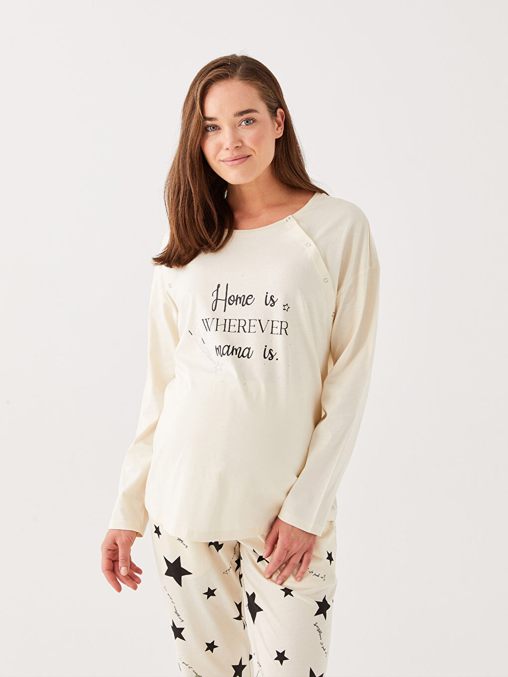 Ekru Bisiklet Yaka Baskılı Uzun Kollu Hamile Pijama Takımı-1