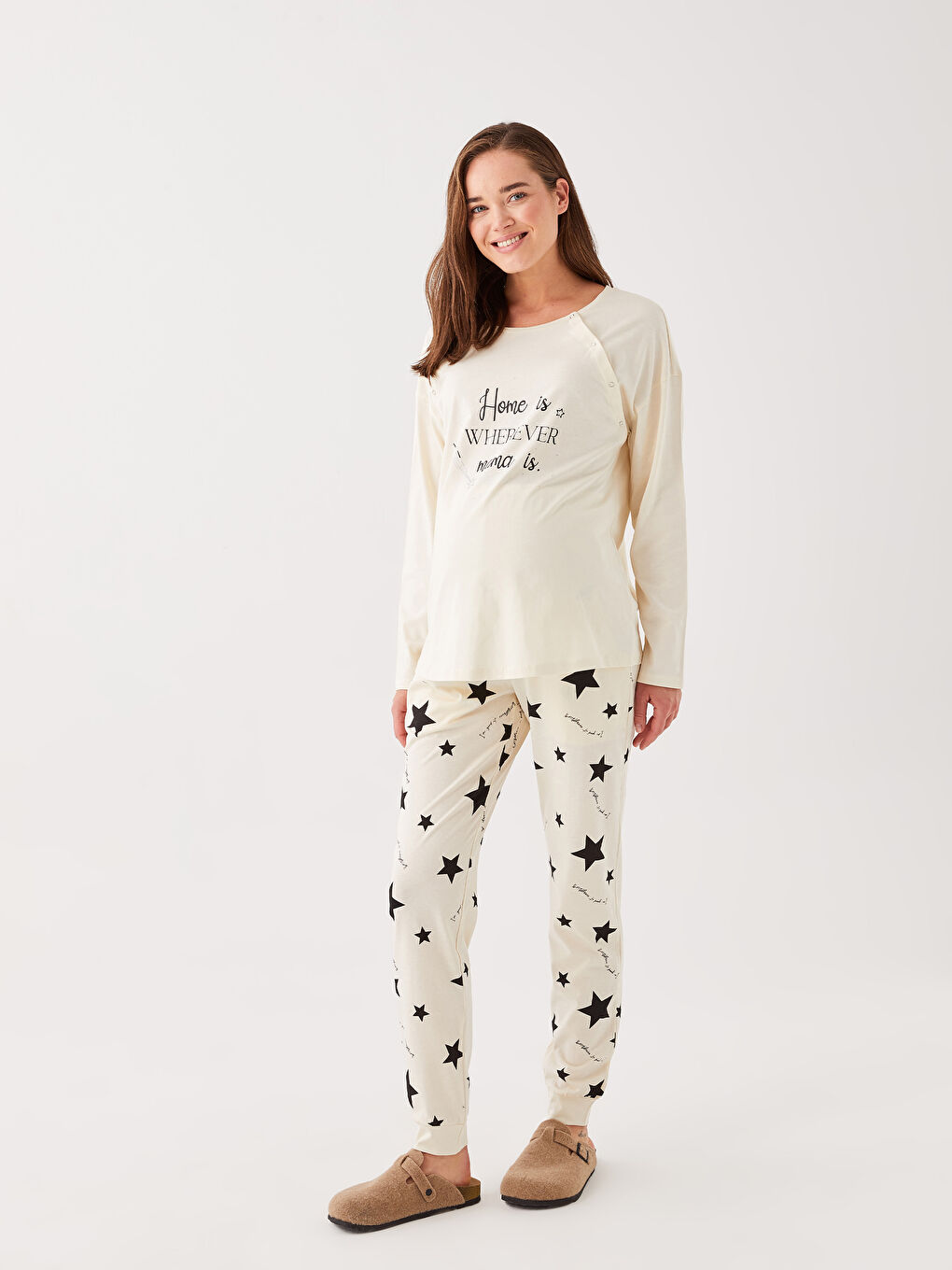 Ekru Bisiklet Yaka Baskılı Uzun Kollu Hamile Pijama Takımı-2
