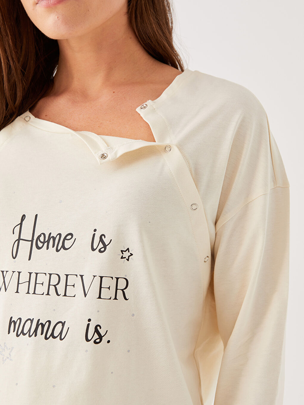 Ekru Bisiklet Yaka Baskılı Uzun Kollu Hamile Pijama Takımı-3