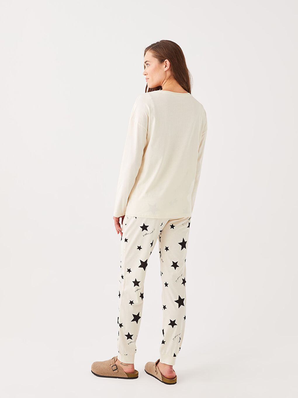 Ekru Bisiklet Yaka Baskılı Uzun Kollu Hamile Pijama Takımı-4