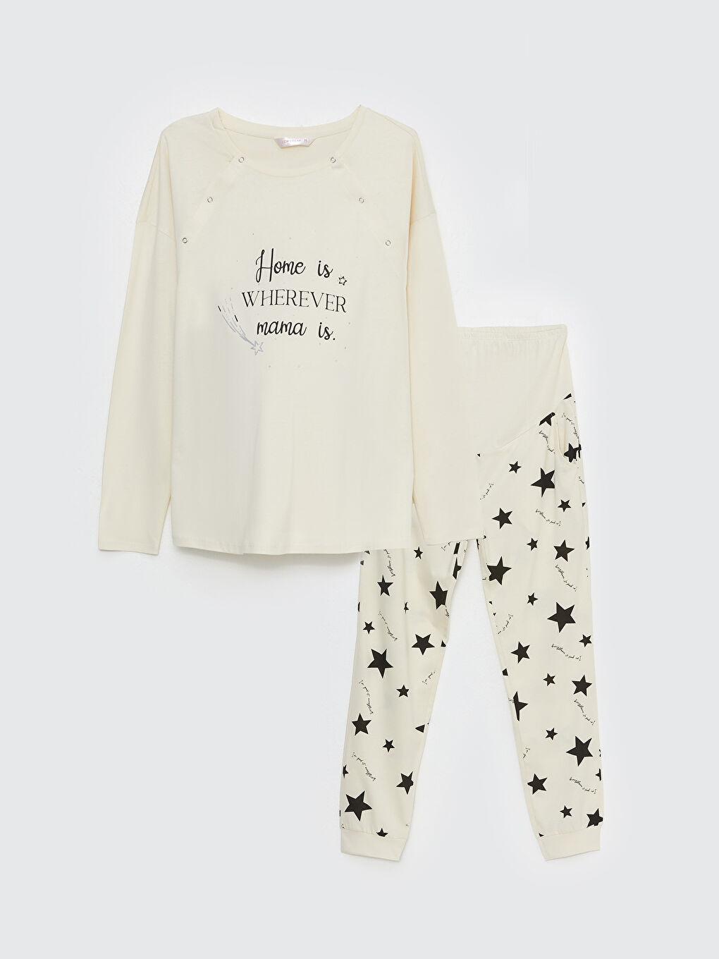 Ekru Bisiklet Yaka Baskılı Uzun Kollu Hamile Pijama Takımı-5