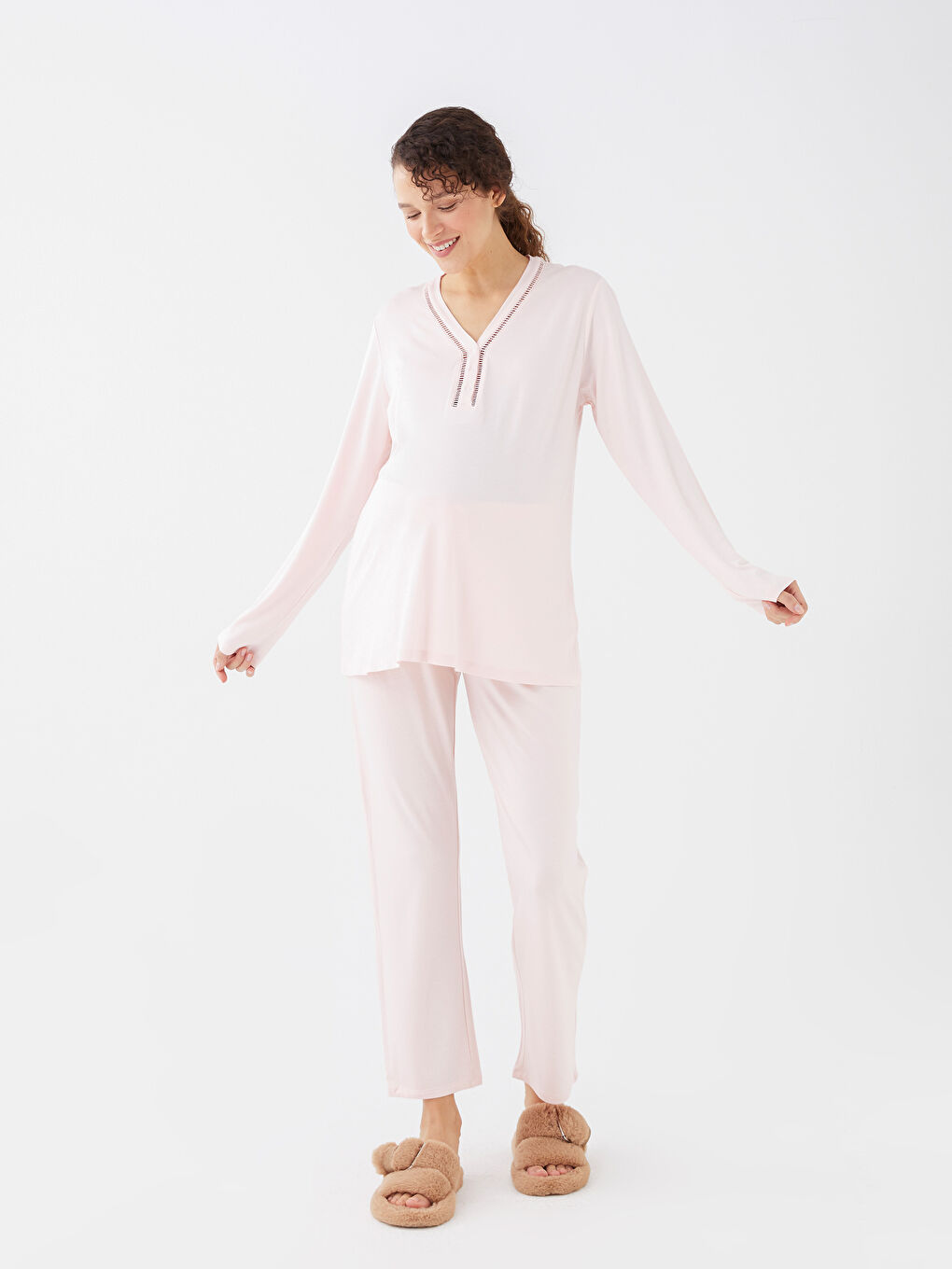 Pembe V Yaka Düz Uzun Kollu Hamile Pijama Takımı