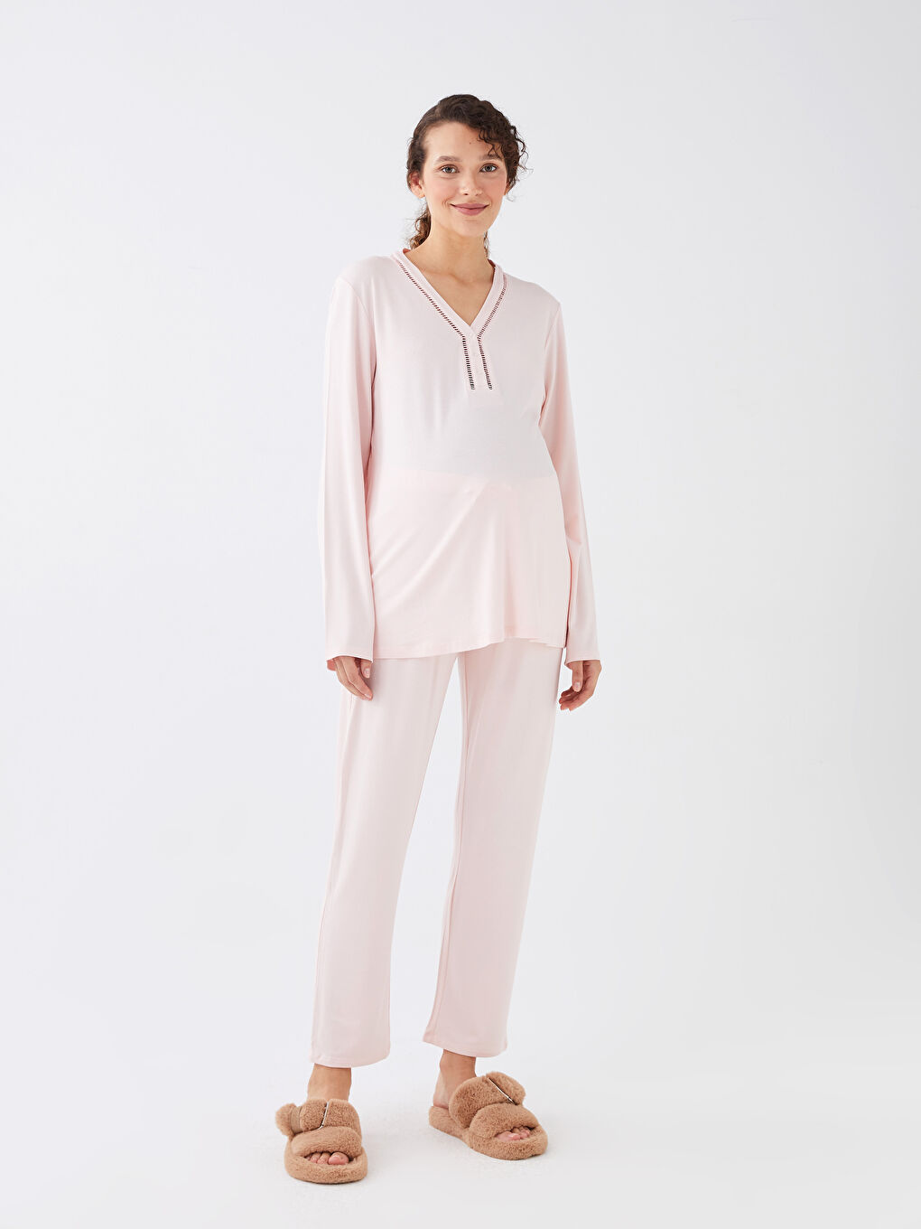 Pembe V Yaka Düz Uzun Kollu Hamile Pijama Takımı-2
