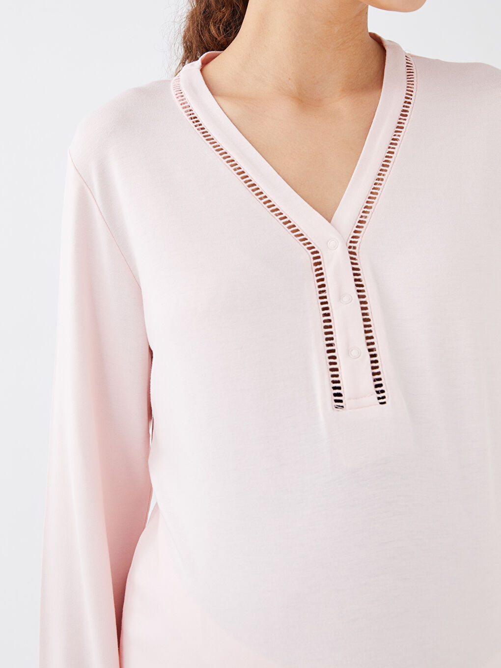 Pembe V Yaka Düz Uzun Kollu Hamile Pijama Takımı-6