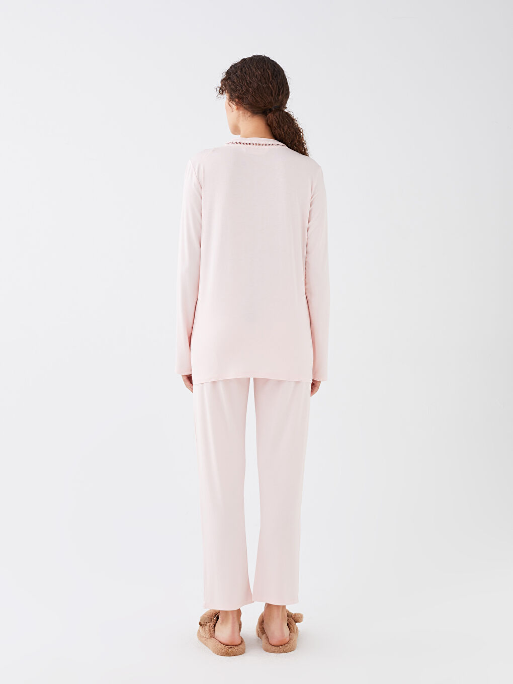 Pembe V Yaka Düz Uzun Kollu Hamile Pijama Takımı-8