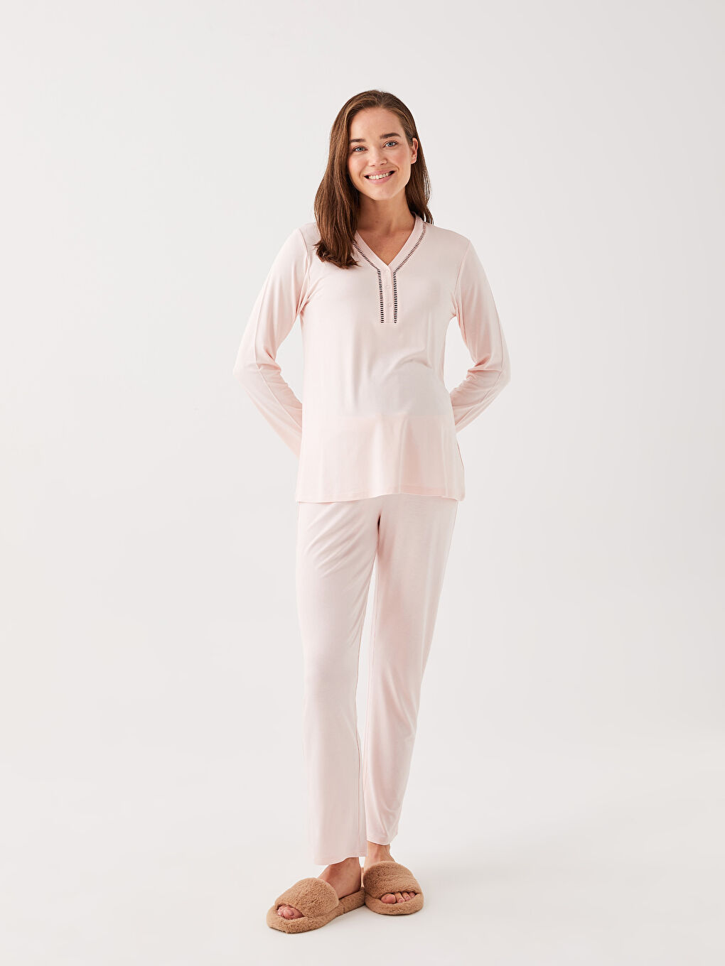 Pembe V Yaka Düz Uzun Kollu Hamile Pijama Takımı-1