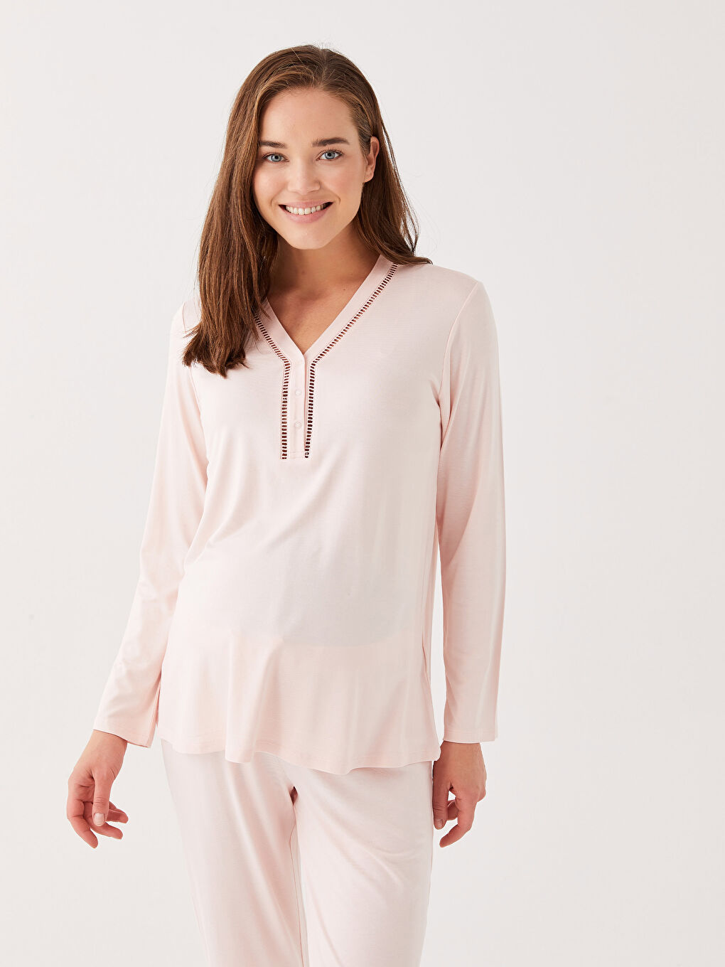 Pembe V Yaka Düz Uzun Kollu Hamile Pijama Takımı-3