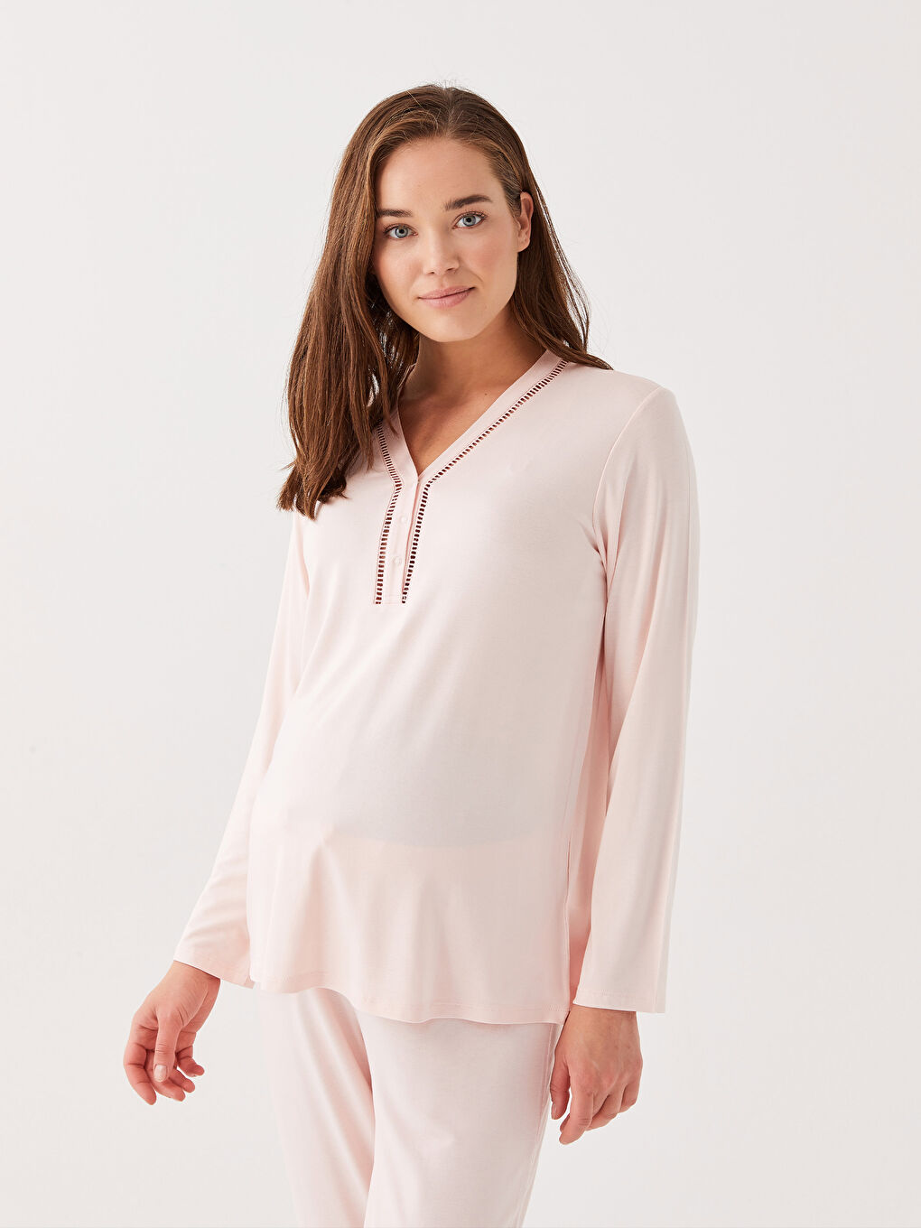 Pembe V Yaka Düz Uzun Kollu Hamile Pijama Takımı-5
