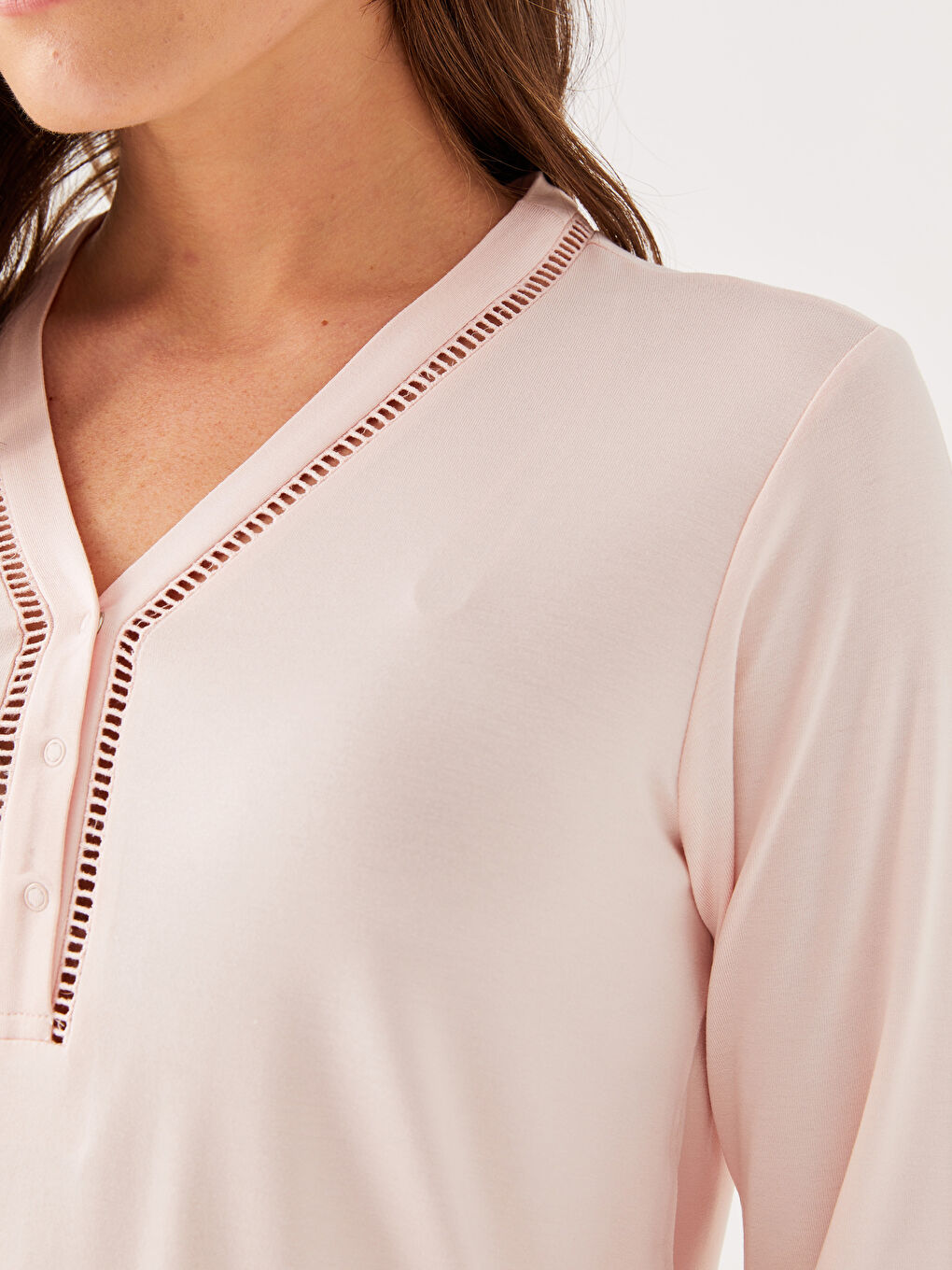 Pembe V Yaka Düz Uzun Kollu Hamile Pijama Takımı-7