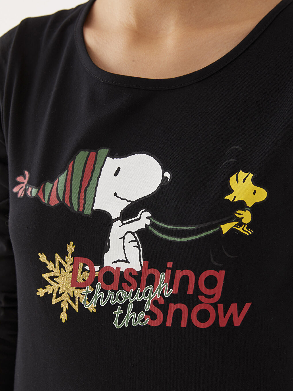 Kırmızı Bisiklet Yaka Snoopy Baskılı Uzun Kollu Kadın Pamuklu Pijama Takımı-6