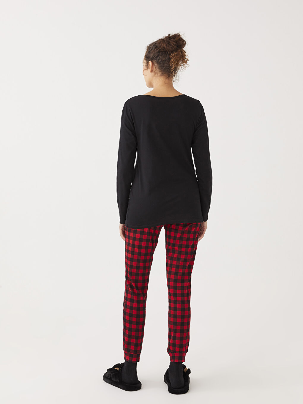 Kırmızı Bisiklet Yaka Snoopy Baskılı Uzun Kollu Kadın Pamuklu Pijama Takımı-7