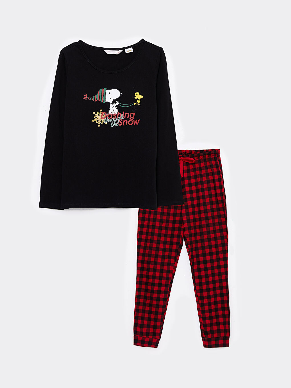 Kırmızı Bisiklet Yaka Snoopy Baskılı Uzun Kollu Kadın Pamuklu Pijama Takımı-9