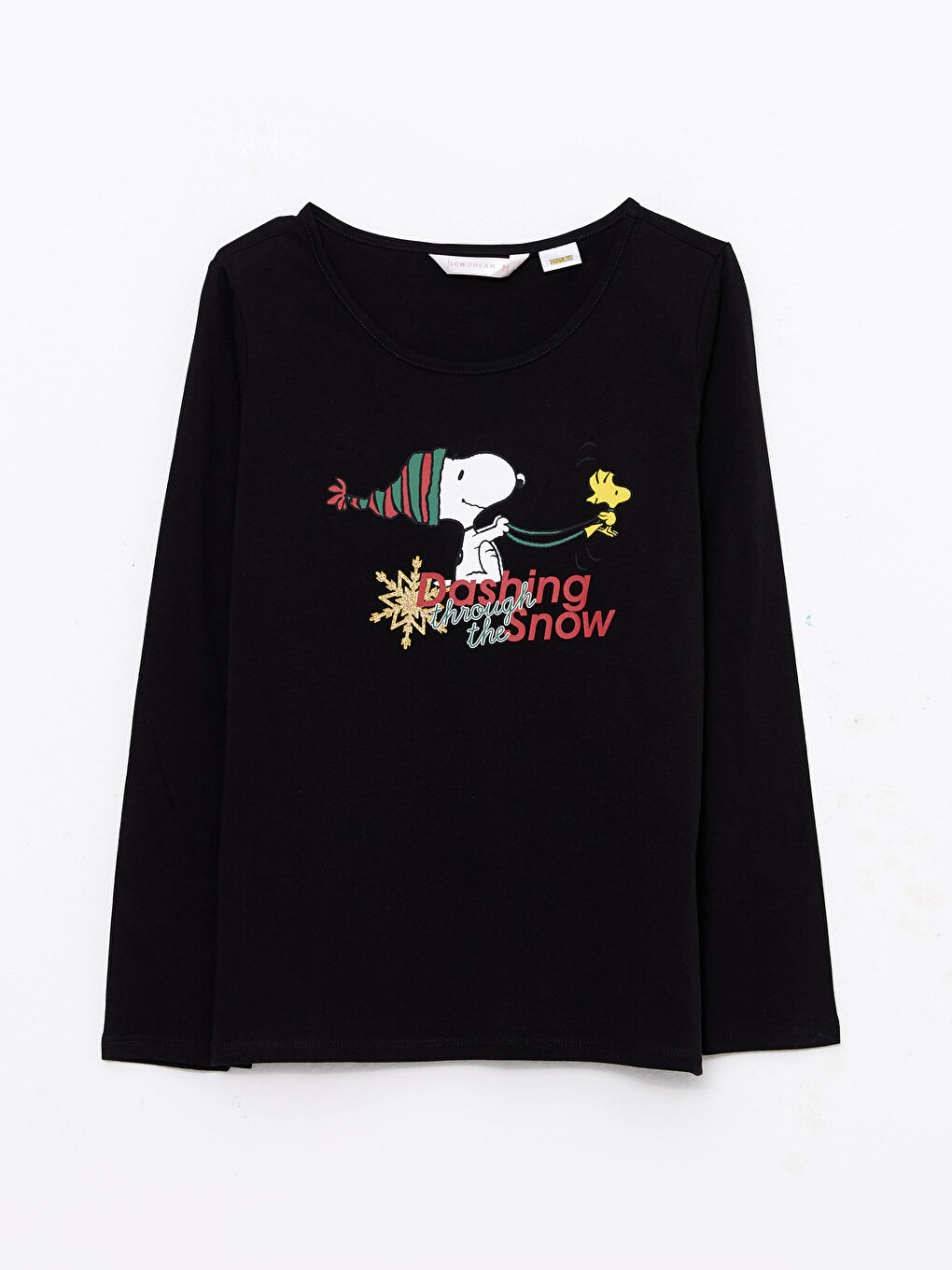 Kırmızı Bisiklet Yaka Snoopy Baskılı Uzun Kollu Kadın Pamuklu Pijama Takımı-10