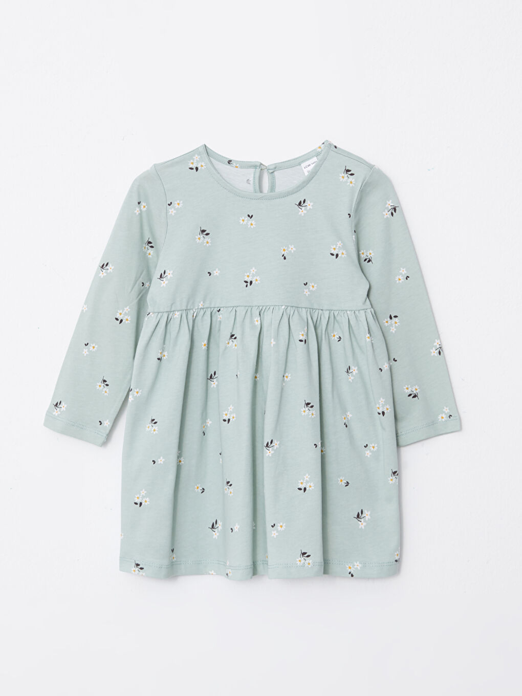 Yeşil Bisiklet Yaka Uzun Kollu Desenli Kız Bebek Elbise