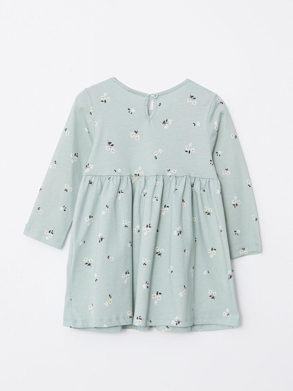 Yeşil Bisiklet Yaka Uzun Kollu Desenli Kız Bebek Elbise-1