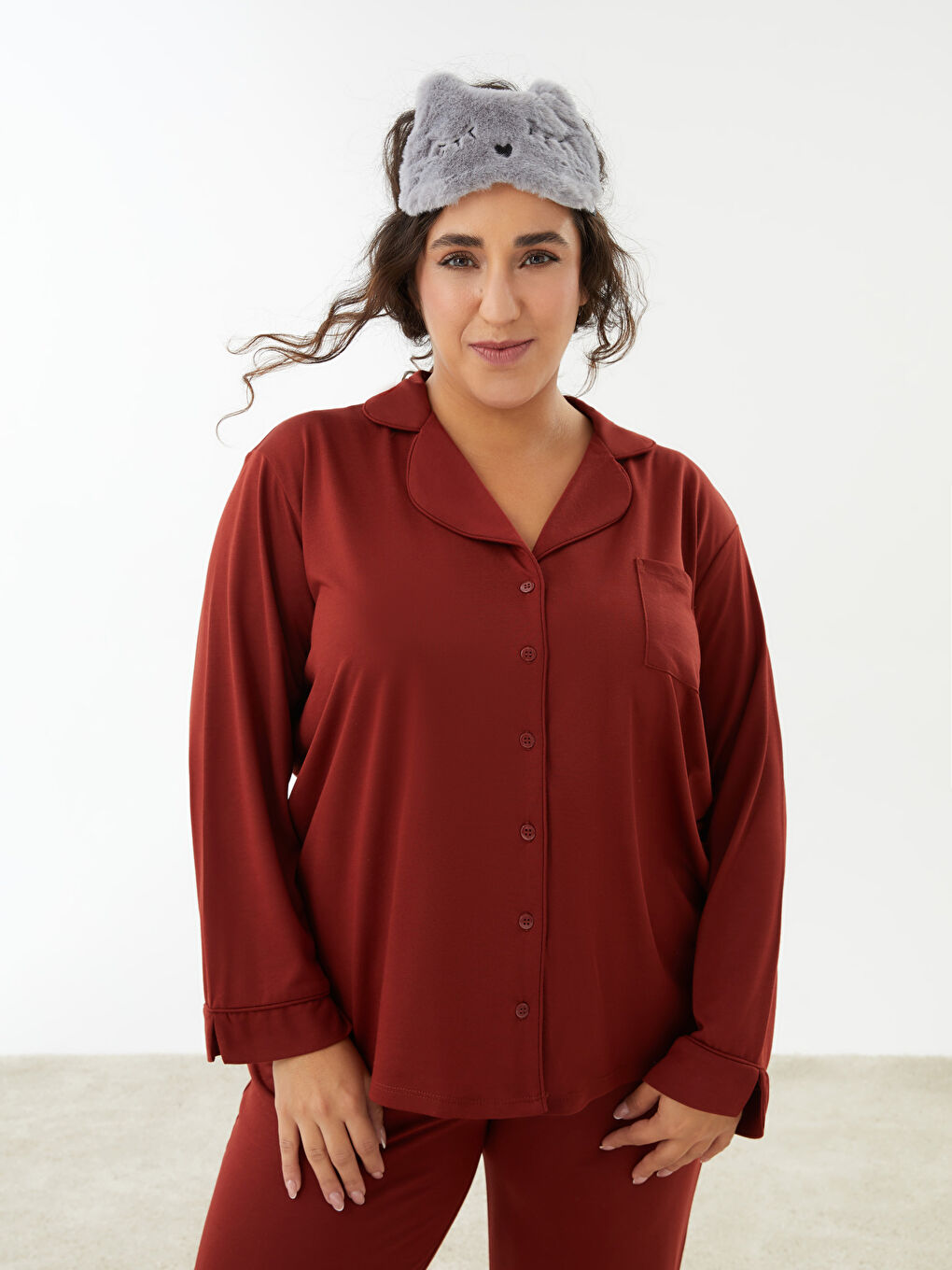 LC Waikiki Plus Size Shirt Neck Regular Long Sleeve Women's Pajama Set -W2FS71Z8-HDR