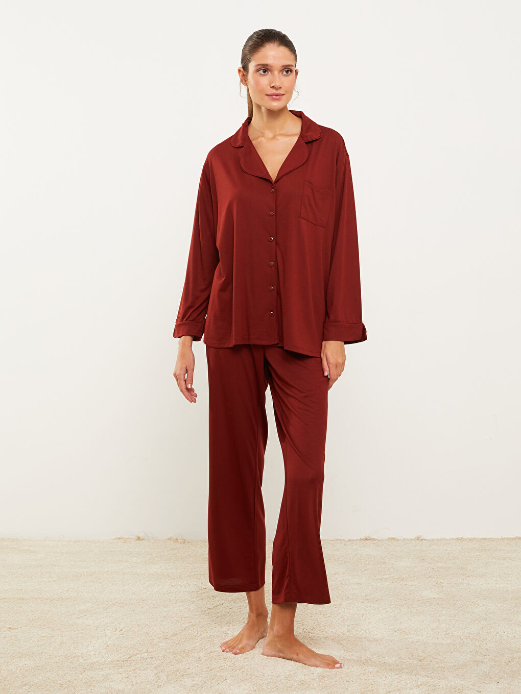 LC Waikiki Plus Size Shirt Neck Regular Long Sleeve Women's Pajama Set -W2FS71Z8-HDR