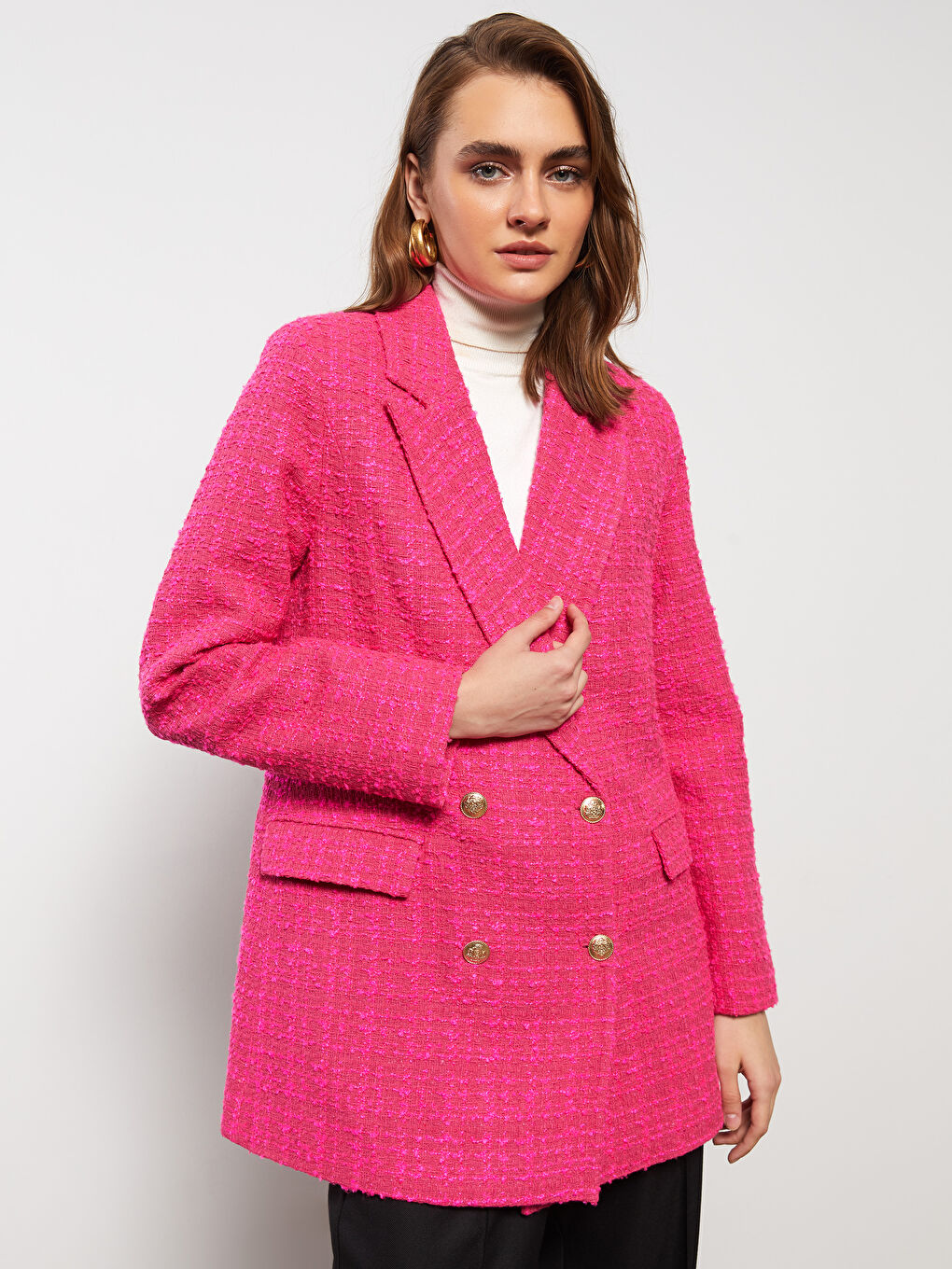 Self-Patterned Long Sleeve Tweed Women's Blazer Jacket