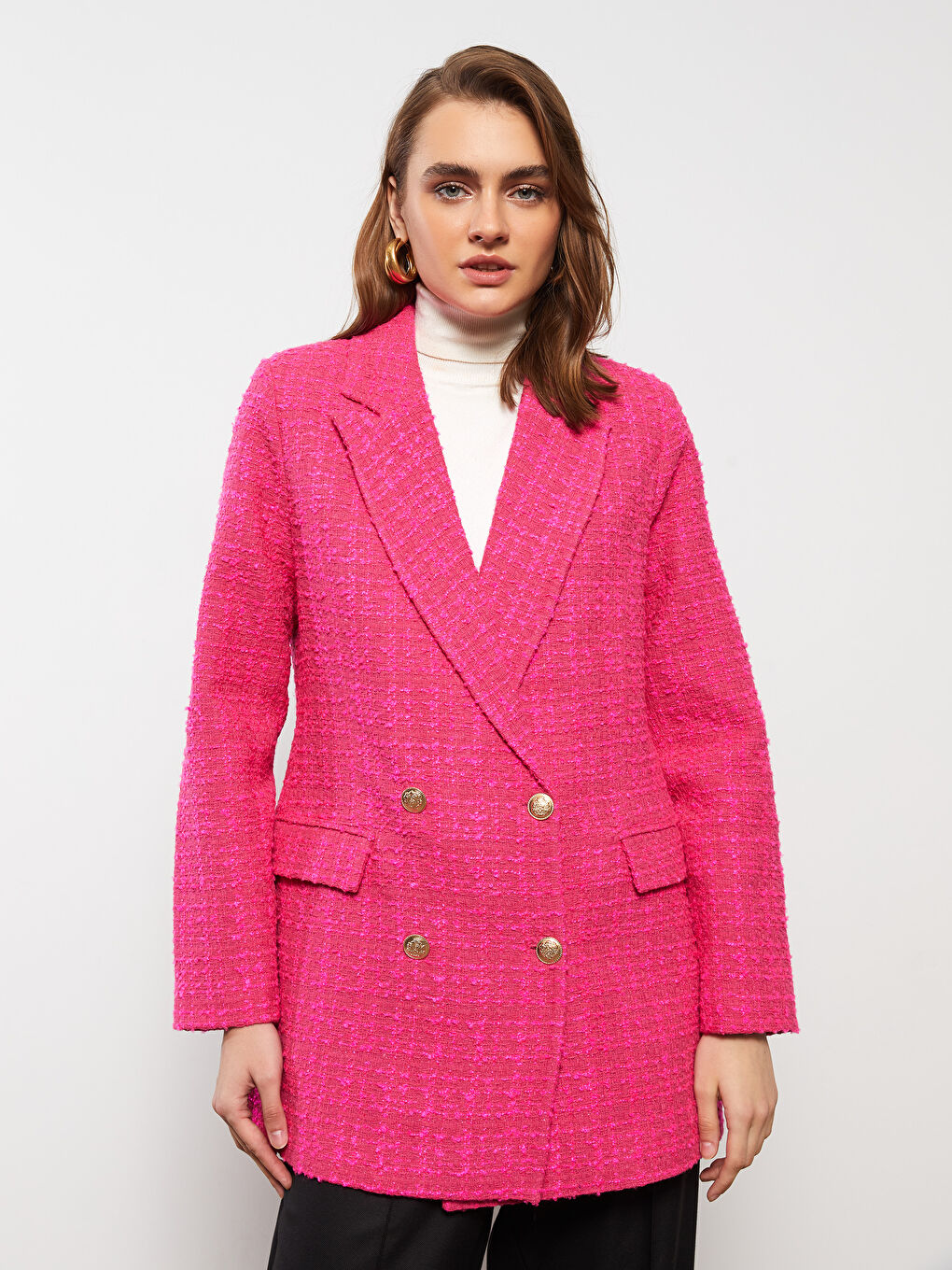 Self-Patterned Long Sleeve Tweed Women's Blazer Jacket-1