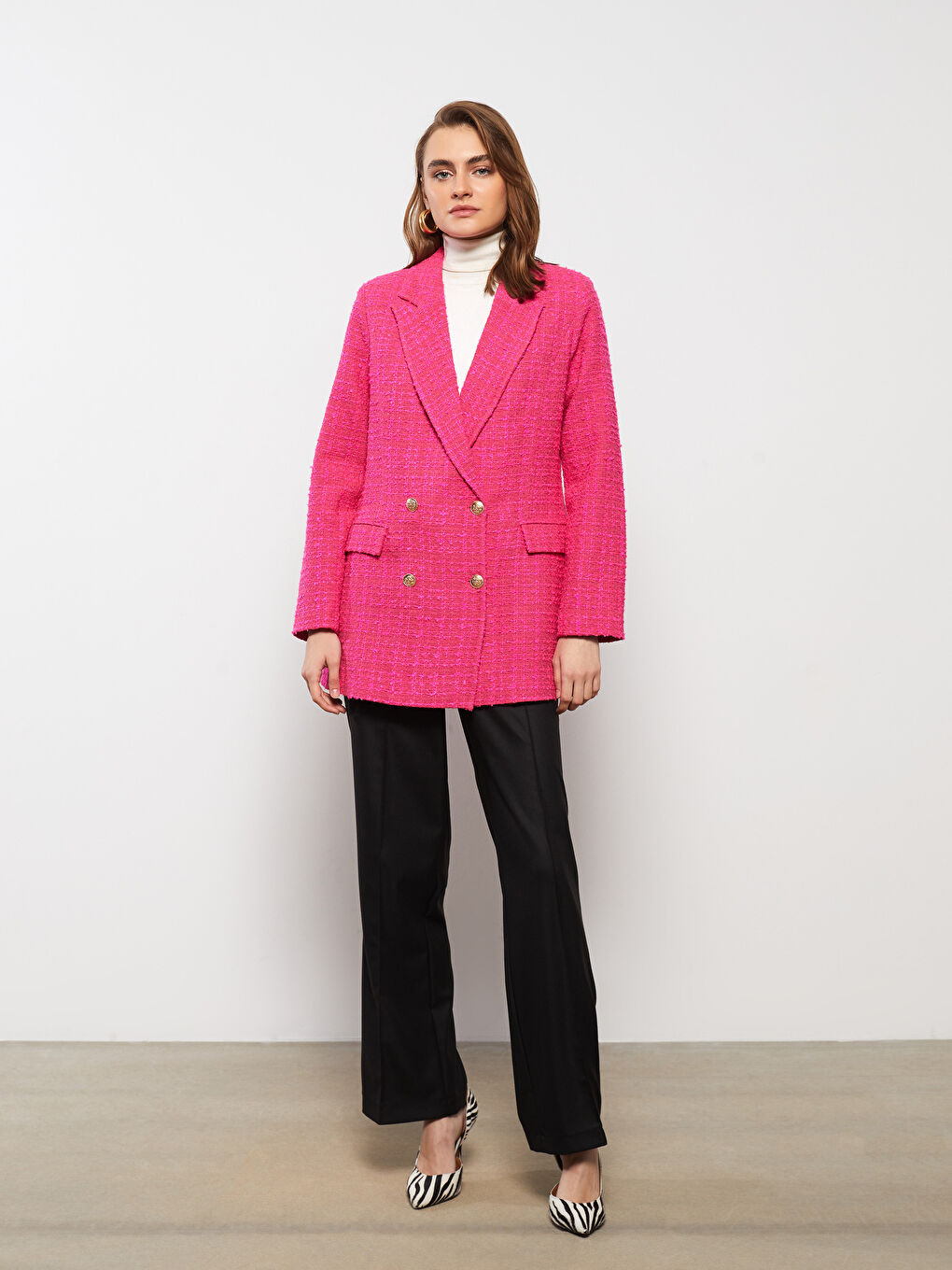 Self-Patterned Long Sleeve Tweed Women's Blazer Jacket-3