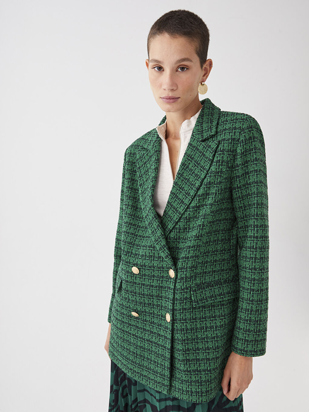 Siyah Önden Düğme Kapamalı Ekose Uzun Kollu Kadın Ceket-2