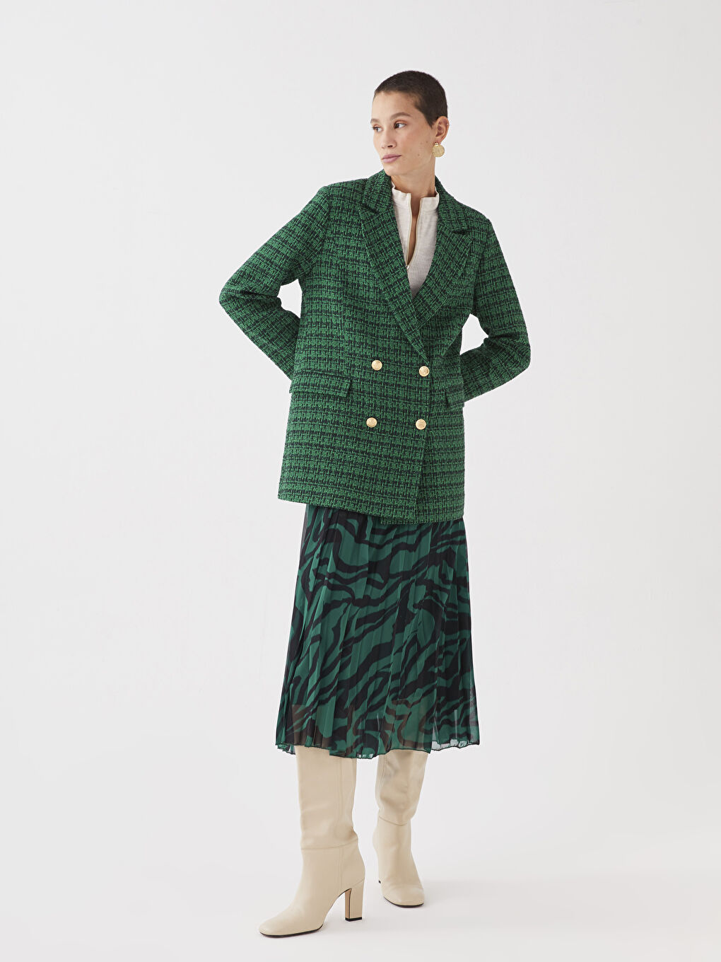 Siyah Önden Düğme Kapamalı Ekose Uzun Kollu Kadın Ceket-4