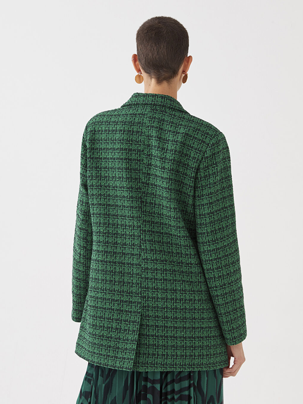 Siyah Önden Düğme Kapamalı Ekose Uzun Kollu Kadın Ceket-8