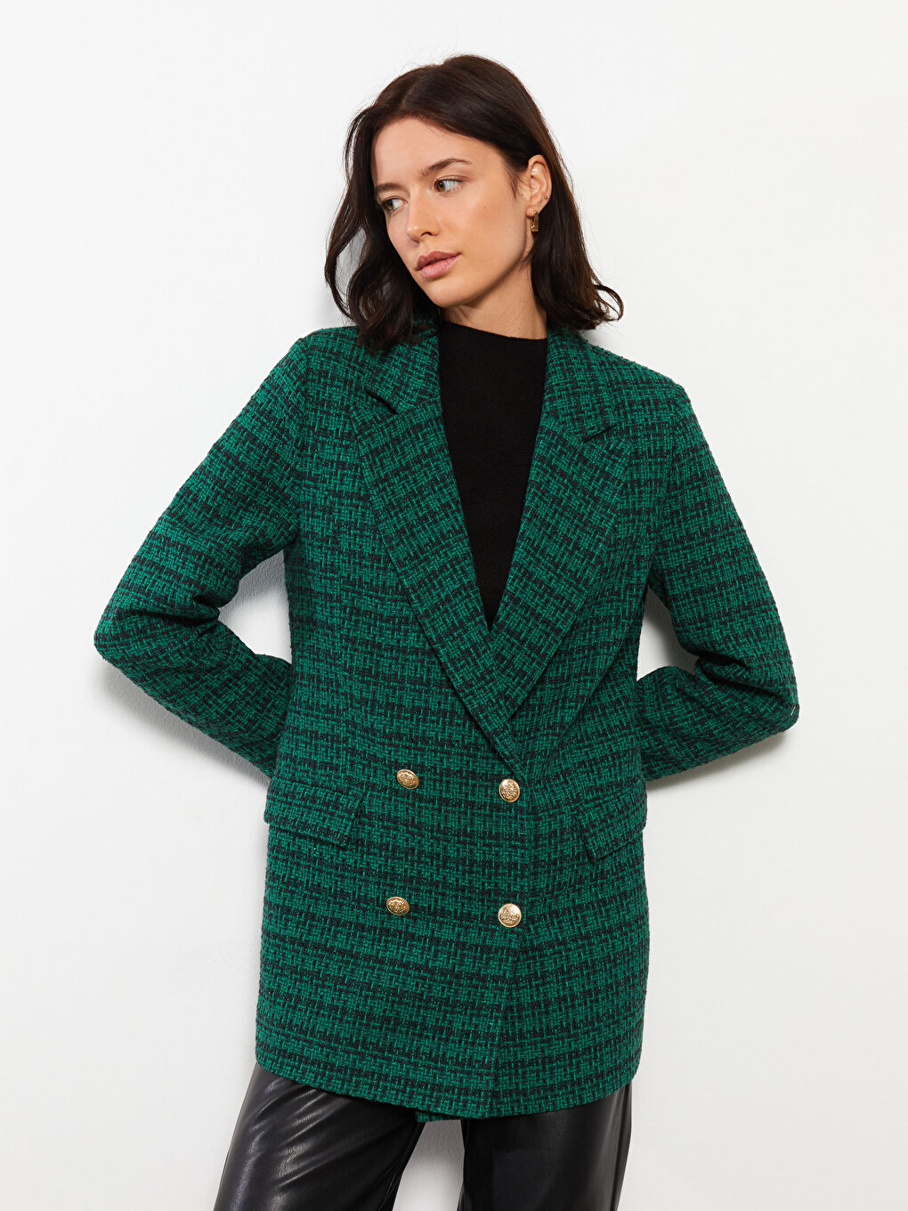 Siyah Önden Düğme Kapamalı Ekose Uzun Kollu Kadın Ceket-1