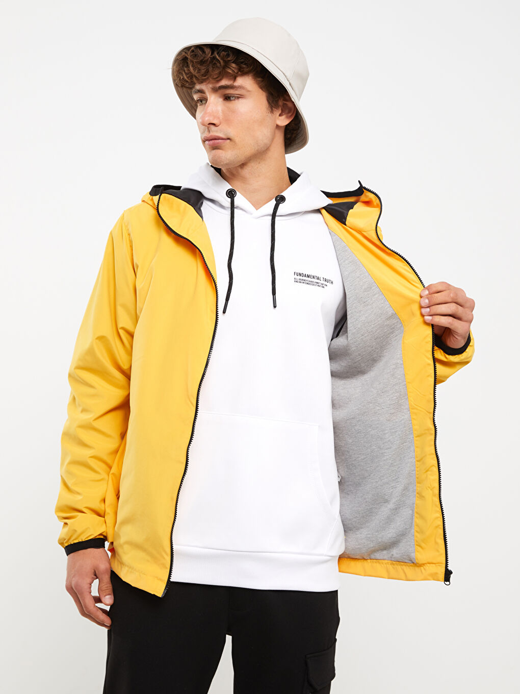Sarı Standart Kalıp Kapüşonlu Erkek Yağmurluk-3