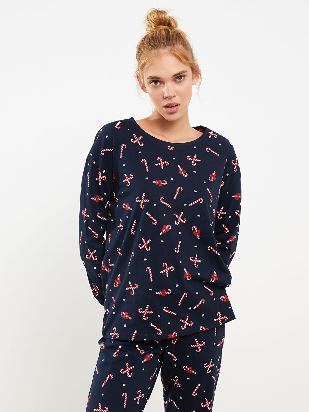 Set de pijama pentru Femei cu Guler rotund, Imprimat, Mânecă lungă, Tematică de Crăciun