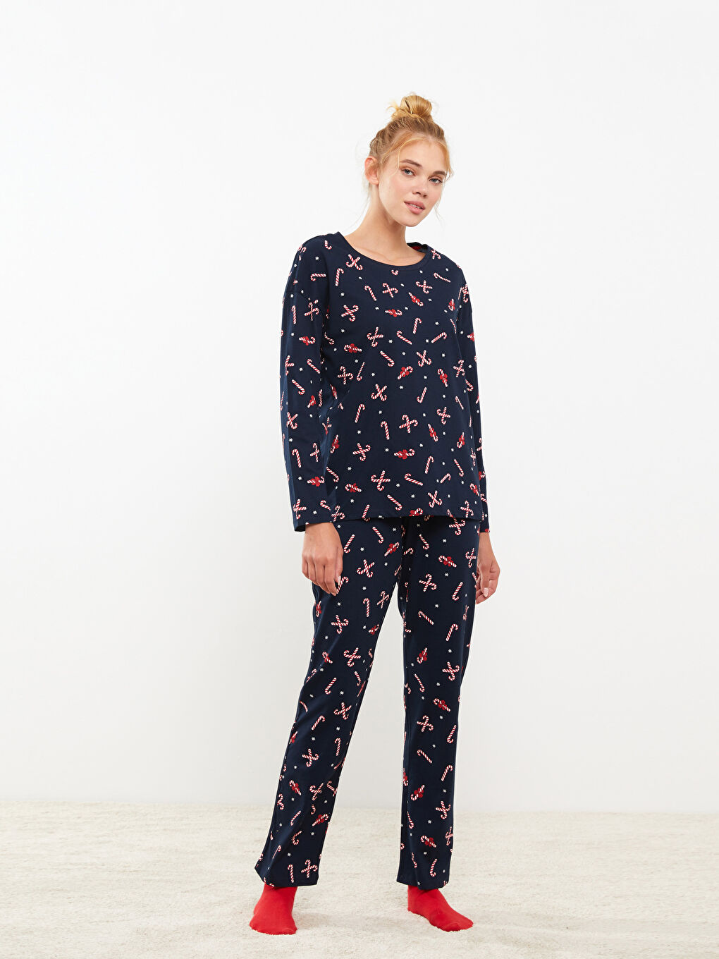 Set de pijama pentru Femei cu Guler rotund, Imprimat, Mânecă lungă, Tematică de Crăciun-1