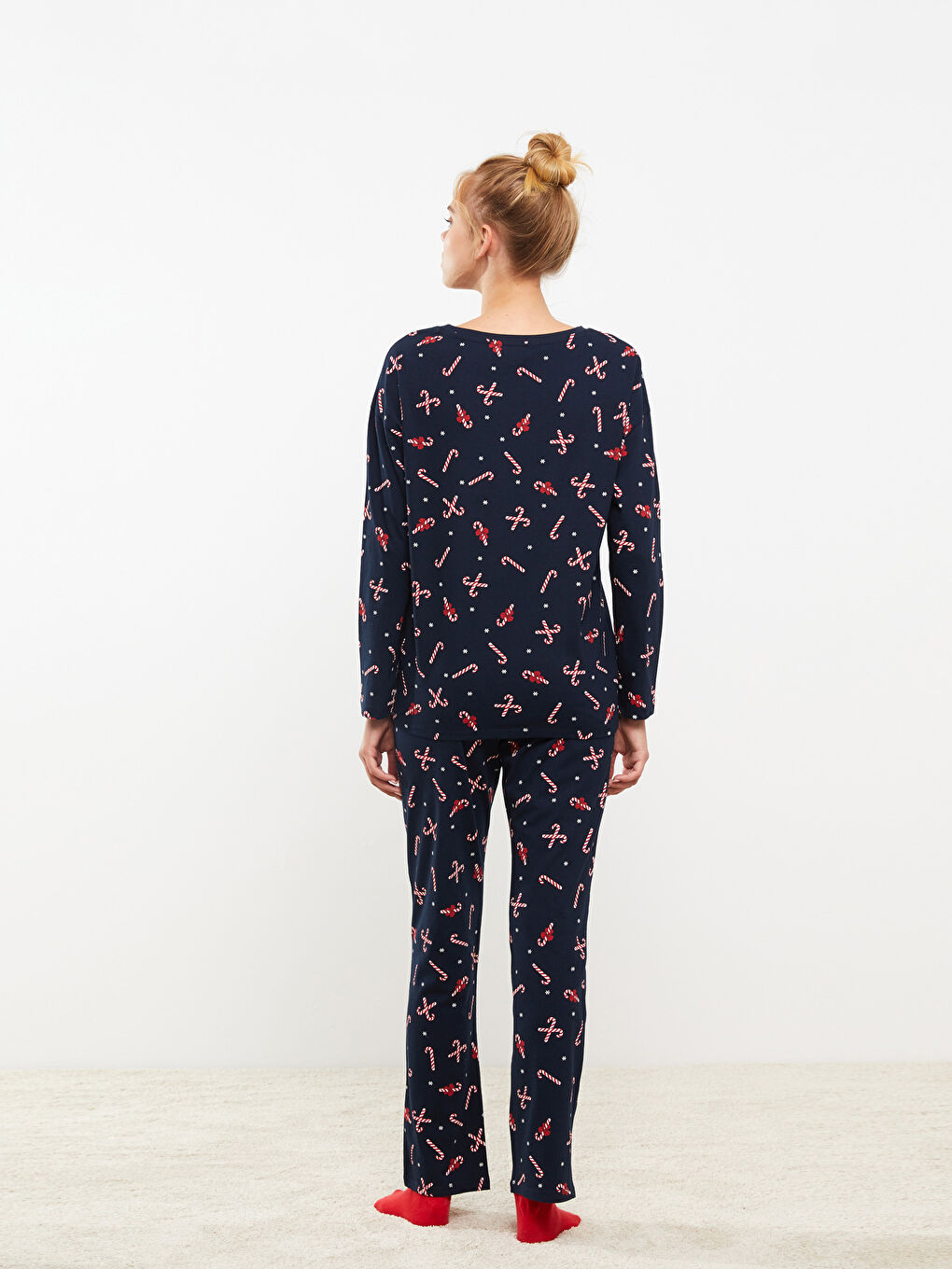 Set de pijama pentru Femei cu Guler rotund, Imprimat, Mânecă lungă, Tematică de Crăciun-3