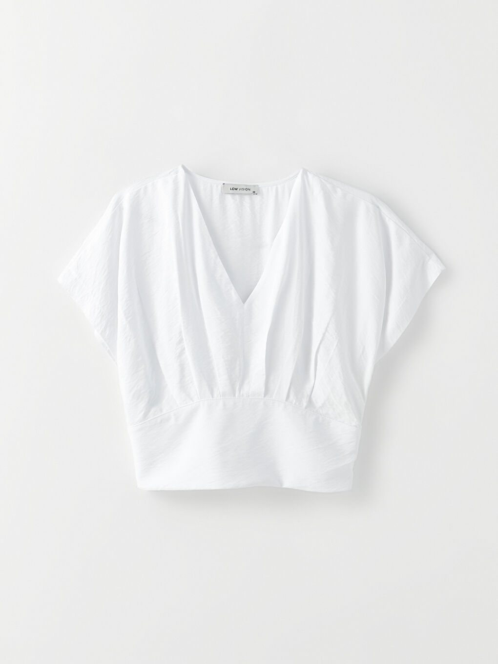Beyaz V Yaka Düz Kısa Kollu Kadın Bluz-5