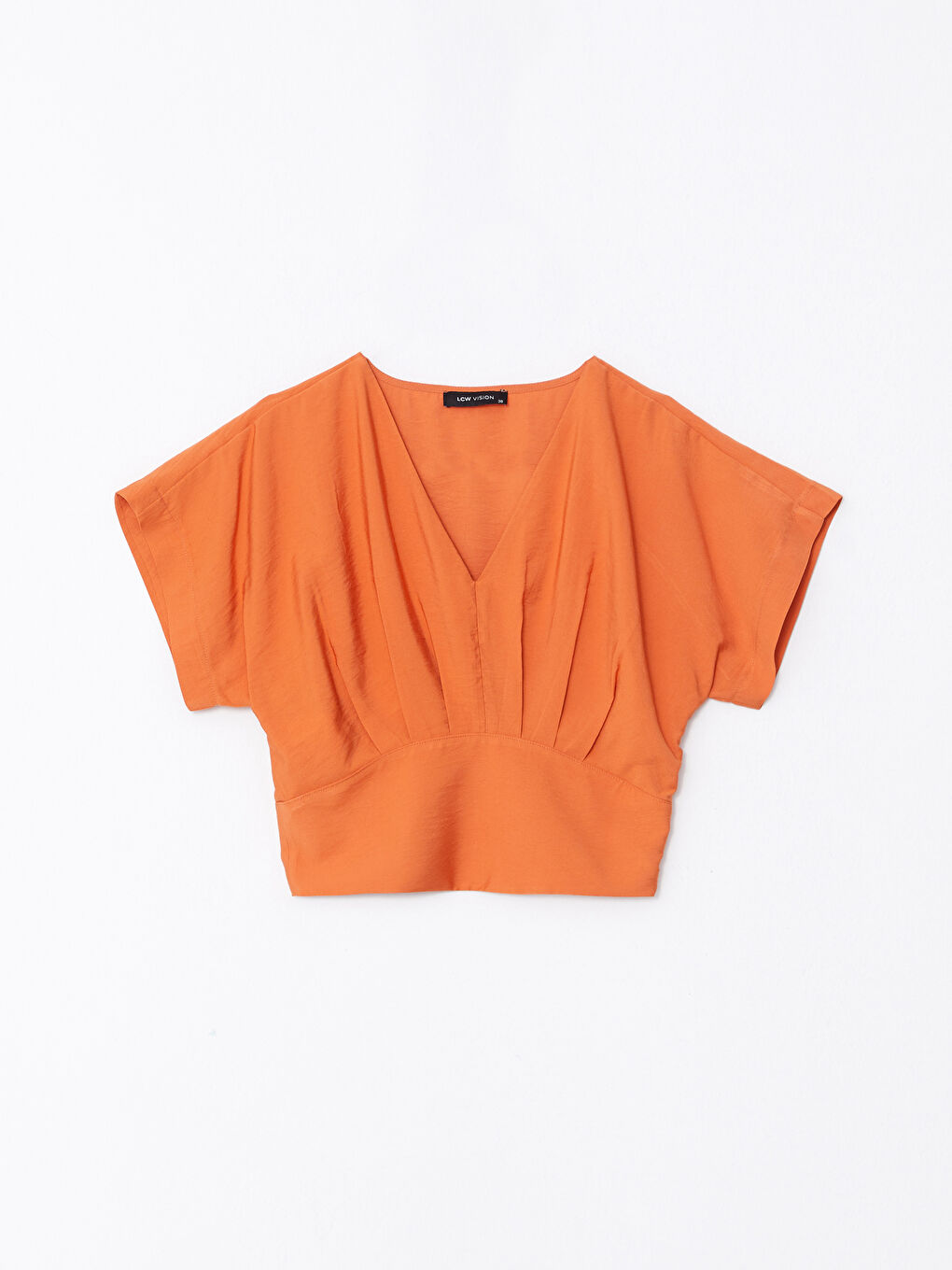 Turuncu V Yaka Düz Kısa Kollu Kadın Bluz-6