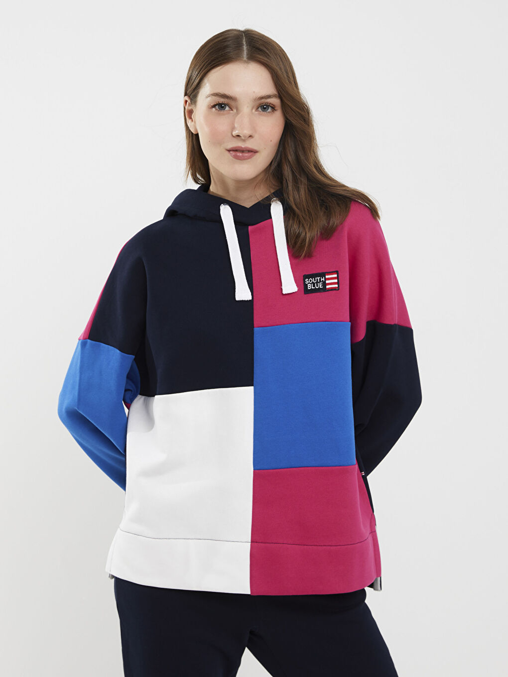 Lacivert Kapüşonlu Renk Bloklu Kadın Kalın Sweatshirt