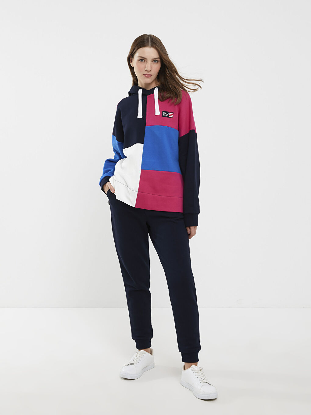 Lacivert Kapüşonlu Renk Bloklu Kadın Kalın Sweatshirt-1