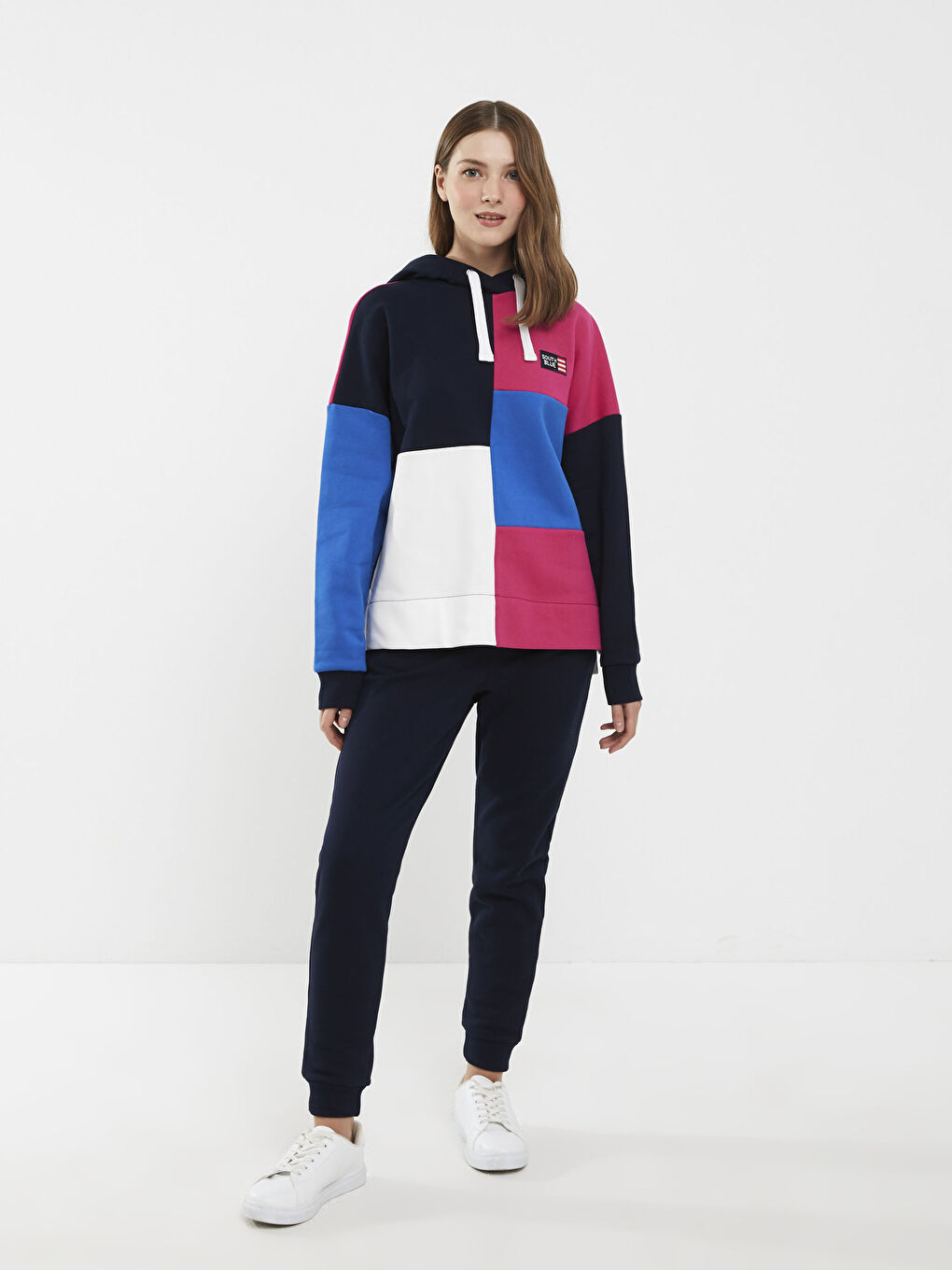 Lacivert Kapüşonlu Renk Bloklu Kadın Kalın Sweatshirt-2